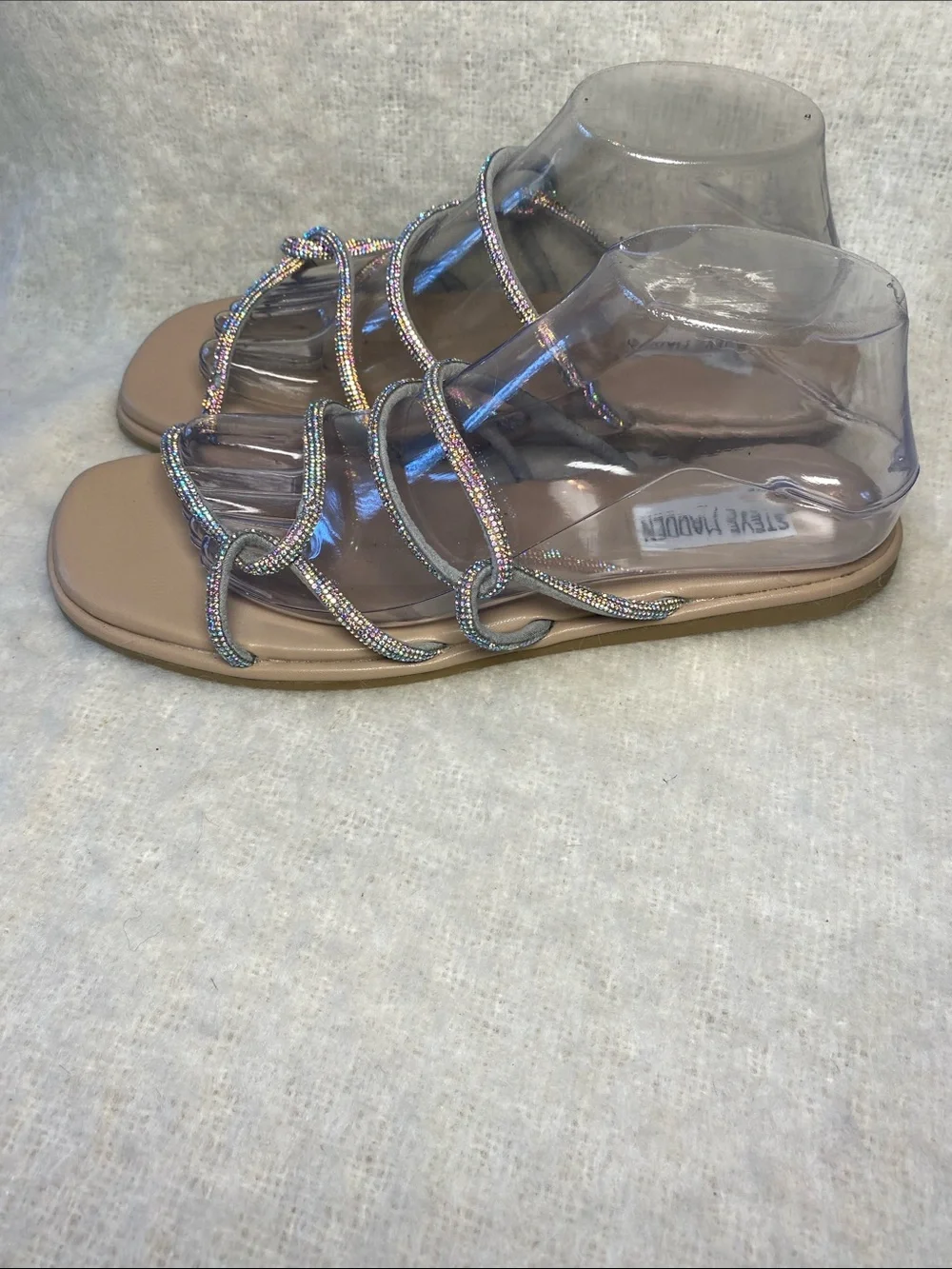 Steve Madden Tan Slide Sandals with Iridescent Beaded Straps